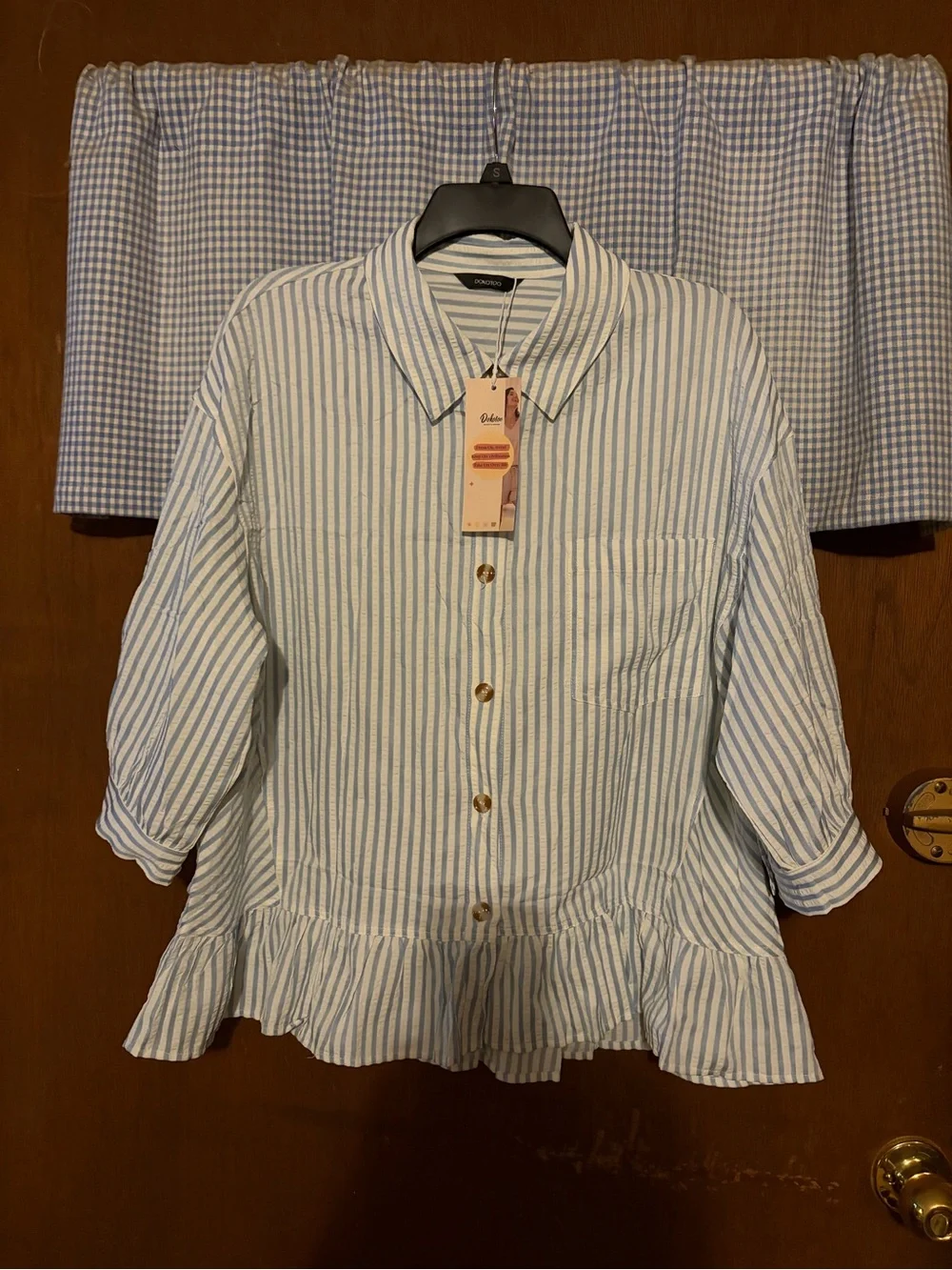 Blue Striped Ruffle-Hem Button Front Top - Picture 2 of 8